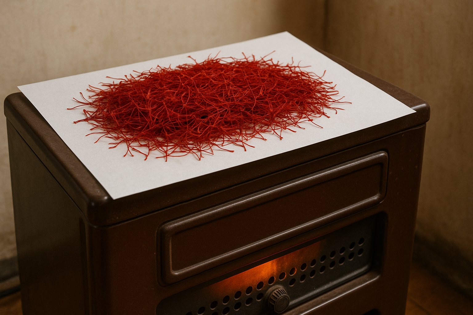 خشک کردن زعفران روی بخاری